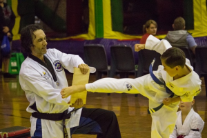 Kaiden Guiver Break a board with a back kick - www.tkdcentral.com