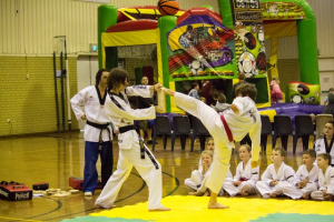 Liam does a spin kick break at Taekwondo Central demo- www.tkdcentral.com